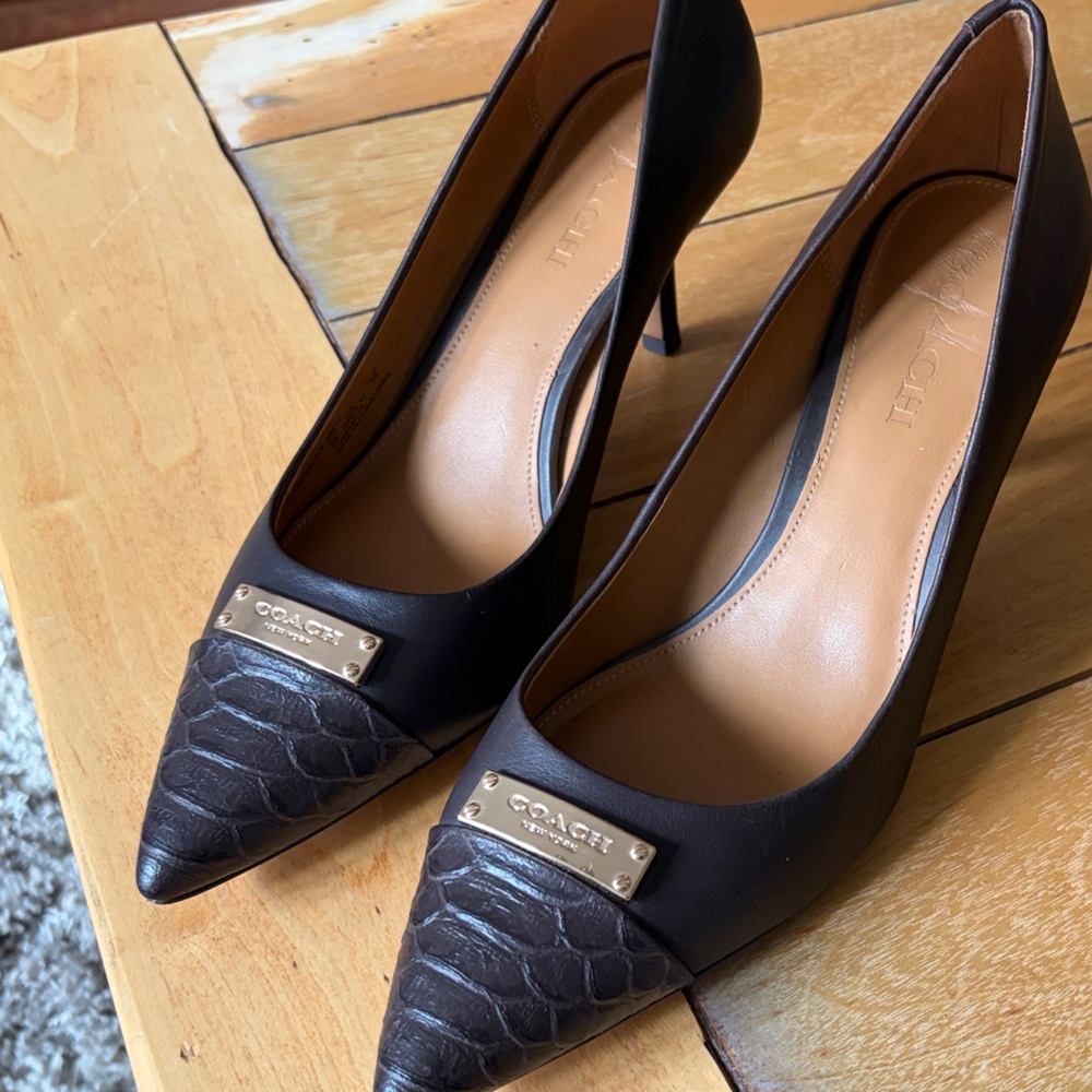 Coach Zan Brown Leather pump Heels croc tip with Gold Accents 9b